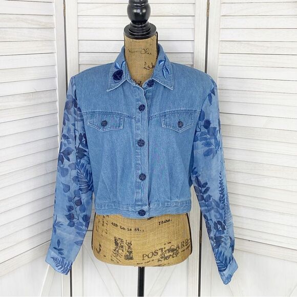 Nancy Bolen City Girl Embroidered Chambray Sheer Sleeve Crop Shacket Blue 10P - Picture 1 of 14